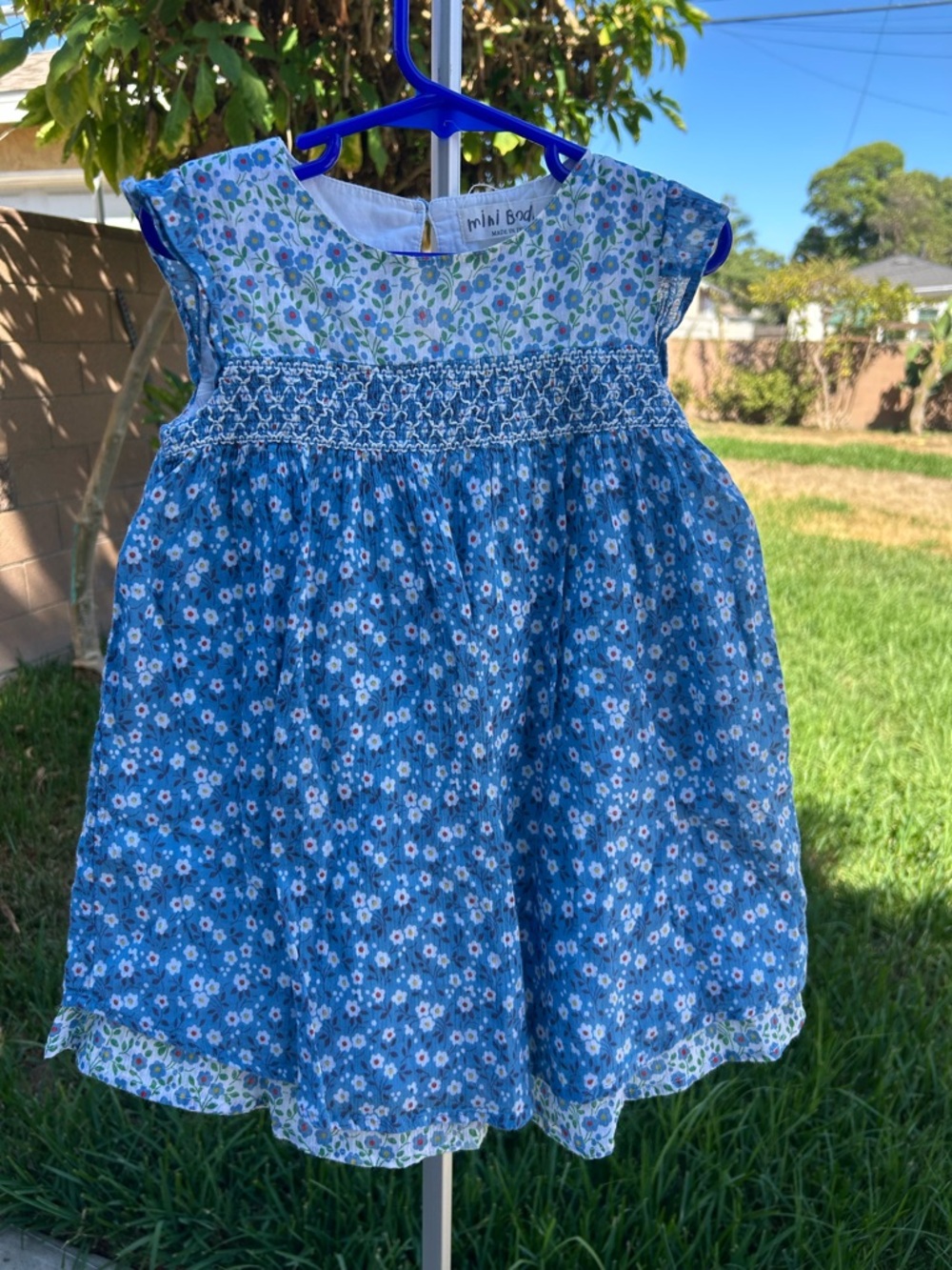 Mini Boden Blue Floral Smocked Cotton Dress